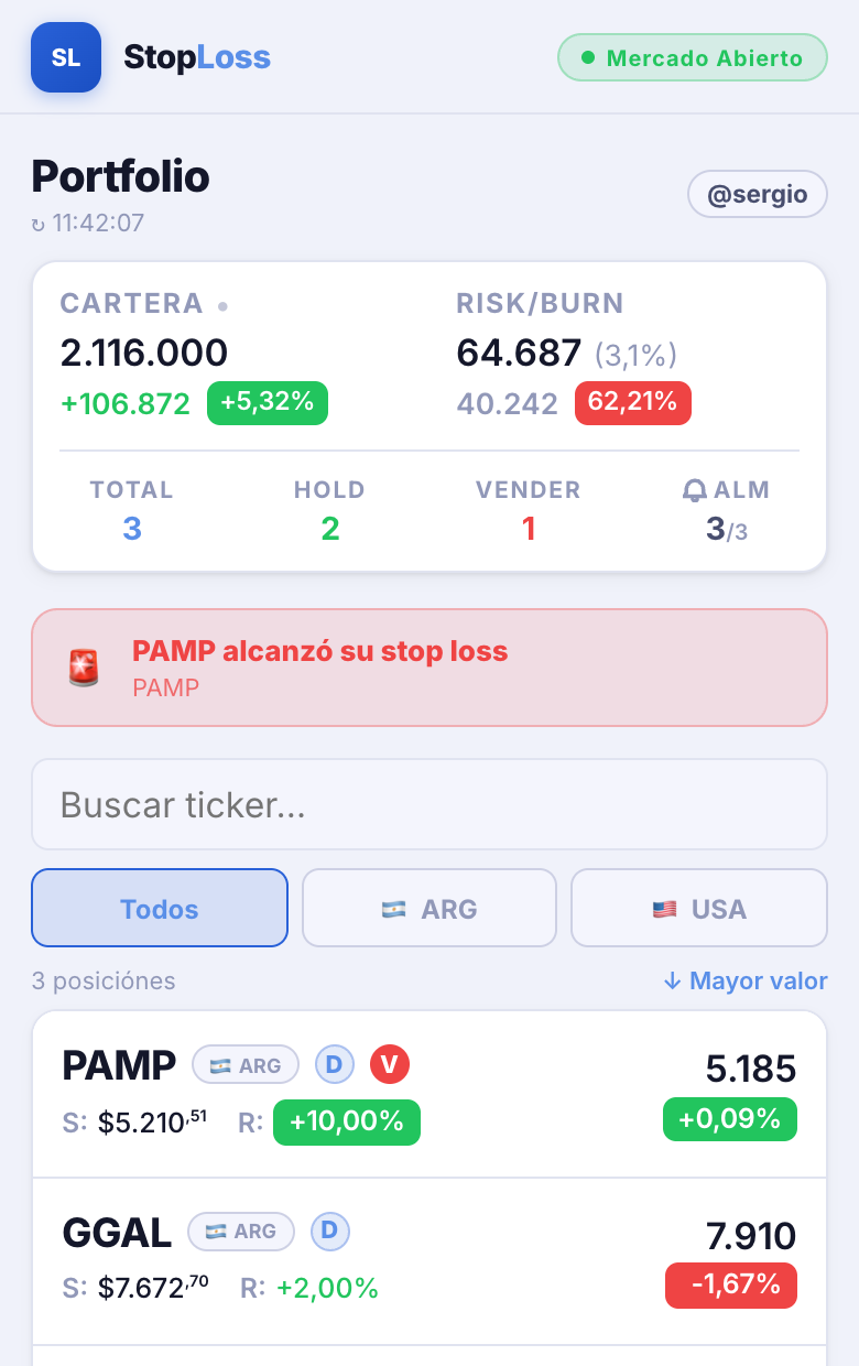 Portfolio: valor de cartera, riesgo total y posiciones